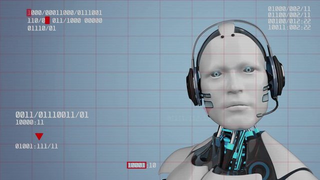 4k video animation humanoid robot as a call bot with a head set