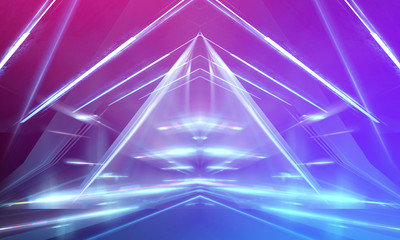 Ultraviolet abstract light. Light tunnel and laser lines. Violet and pink gradient. Modern background, neon light. Empty stage, spotlights, neon. Abstract light.