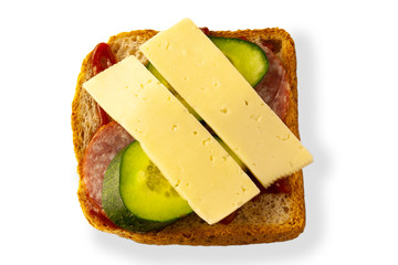 sandwich with sausage, cheese and cucumber