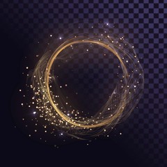 Wavy round gold frame, shining ring with sparks