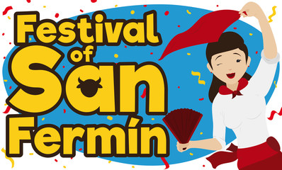 Happy Spaniard Lady Celebrating San Fermin Festival under Confetti Shower, Vector Illustration