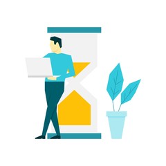 Man with laptop standing near big hourglass. Successfully organized his working time. Flat vector illustration.