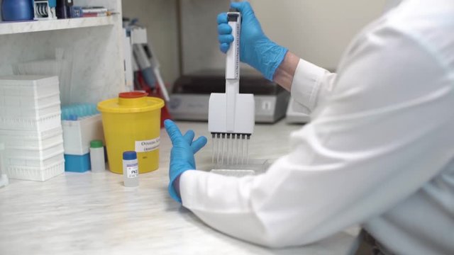 Laboratory test plate. researcher pipetts samples in well microplate. medical test of blood or dna. test of cancer or virus. Scientist researching in laboratory. peronalized medicine and diagnostic