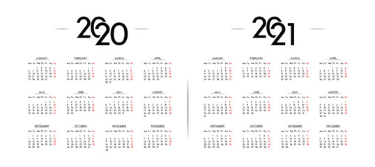 English Minimalist Calendar Year 2020 and 2021
