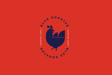 Dark silhouette of rooster on red background. Poultry logo template. Image can be used for packaging design, restaurant menus, market design, butcher shops and chicken farm. Vector illustration. © KOSIM