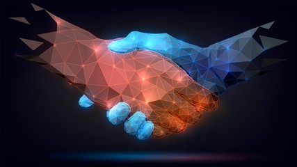 Two poligonal glowing hands, handshake, technology, business, trust concept - obrazy, fototapety, plakaty