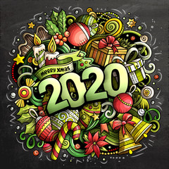 2020 hand drawn doodles chalk board illustration. New Year objec