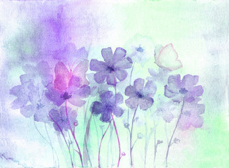 Tender flowers background. Hand-drawn, watercolor abstract flowers and buterflyies. Watercolor splashes and stains. Floral concept. Botanical illustration. 