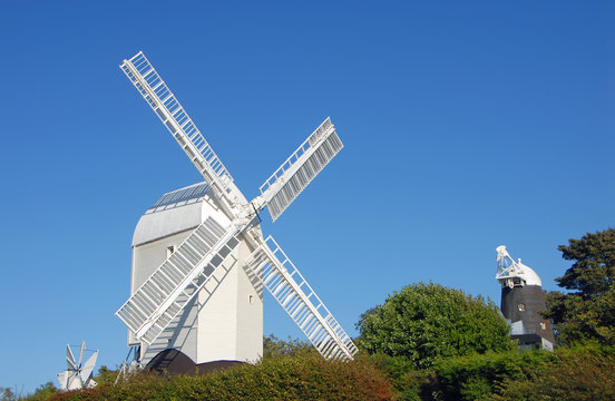 Jack and Jill Windmills also known as the Clayton Windmills on the South Downs Way in West Sussex near Brighton, England, UK. Jill Windmill is in working order. Jack Windmill is holiday accommodation.