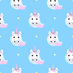 Funny unicorn and stars. Seamless pattern for the decoration of the nursery for a girl or boy, for the design of kids clothing, things