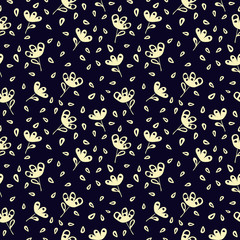 Monochrome Floral seamless pattern. Vector textures. Simple delicate flowers on a dark background.