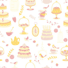 Birthday party kids. Afternoon Tea seamless pattern. Different cakes and gifts. Vector illustration in simple cartoon hand-drawn Scandinavian style. Vintage in pastel pink and yellow colors