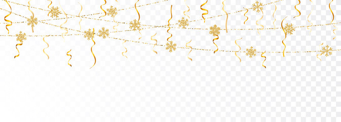 Christmas or New Year golden decoration on transparent background. Hanging glitter snowflake. Vector illustration