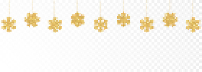 Christmas or New Year golden decoration on transparent background. Hanging glitter snowflake. Vector illustration
