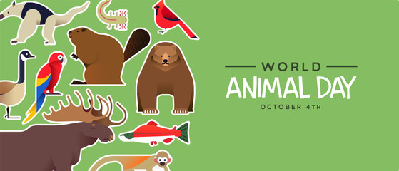 World animal day banner of cute wildlife stickers