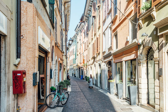 Salo' Lake Garda, Italy - Sunday 1 September 2019: food and buildings in the historic center of Salo'