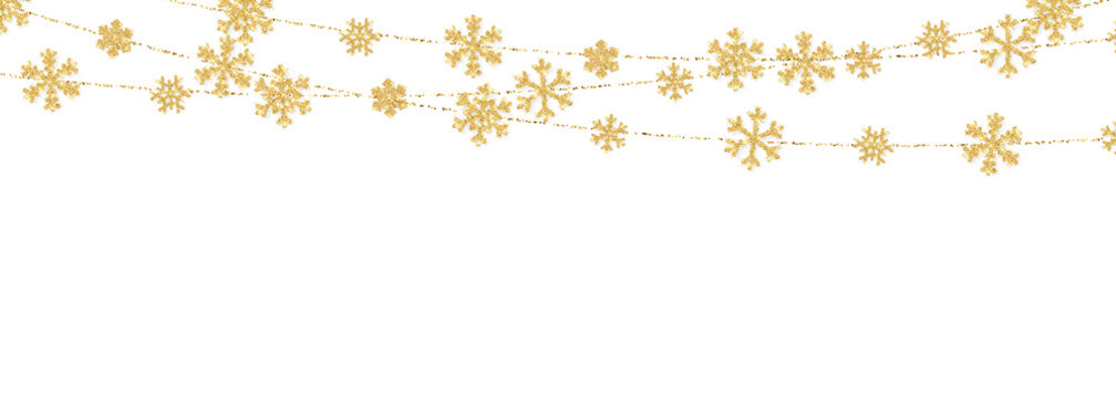 Christmas or New Year golden snowflake decoration garland on white background. Hanging glitter snowflake. Vector illustration