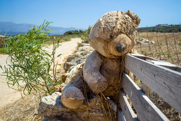 ein verlassener Teddy auf einer Mauer