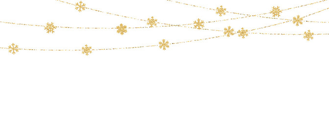Christmas or New Year golden snowflake decoration garland on white background. Hanging glitter snowflake. Vector illustration