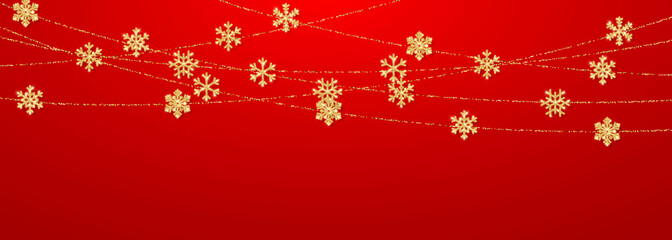Fototapeta na wymiar Christmas or New Year golden snowflake decoration garland on red background. Hanging glitter snowflake. Vector illustration