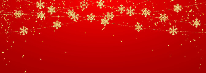 Christmas or New Year golden snowflake decoration garland on red background. Hanging glitter snowflake. Vector illustration