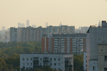 Photography of the sleeping area of Moscow. View from above / top view. Lifestyle of big city in summer time.