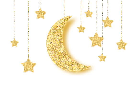 Ramadan Kareem background with gold handing shiny glitter glowing moon with stars on white background. Vector illustration