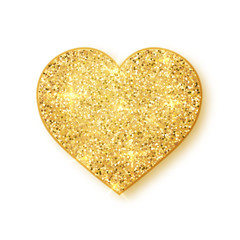 Gold shiny glitter glowing heart with shadow isolated on white background. Vector illustration