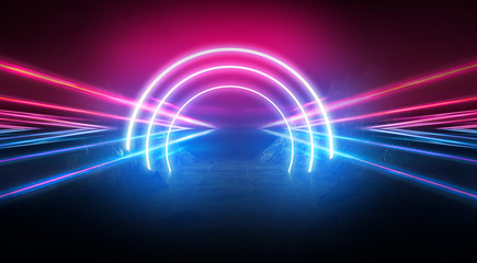 Light tunnel, dark long corridor room with neon lamps. Abstract neon, background with smoke and neon light. Concrete floor, symmetrical reflection and mirroring. 