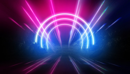 Light tunnel, dark long corridor room with neon lamps. Abstract neon, background with smoke and neon light. Concrete floor, symmetrical reflection and mirroring. 