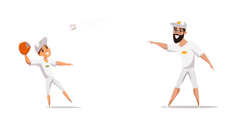 Man and boy throwing ball flat vector illustration