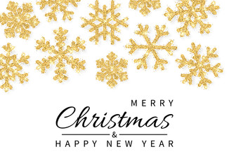Shining glitter glowing gold snowflakes on white background. Christmas and New Year background. Vector illustration