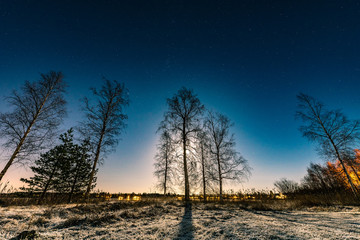 Full moon beside the birch and bright stars at the sky illuminates the frost field grass, trees and frozen lake behind them. Cold clear night sky with a lot of stars