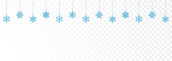 Christmas or New Year blue shiny glitter glowing snowflake decoration on transparent background. Hanging glitter snowflake. Vector illustration