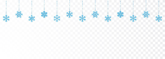 Christmas or New Year blue shiny glitter glowing snowflake decoration on transparent background. Hanging glitter snowflake. Vector illustration