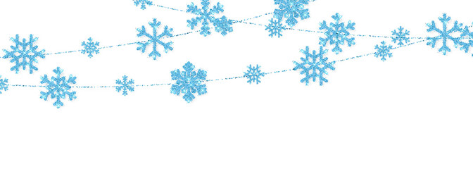 Christmas or New Year blue decoration on white background. Hanging glitter snowflake. Vector illustration