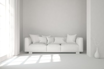 Mock up of stylish room in white color with sofa. Scandinavian interior design. 3D illustration