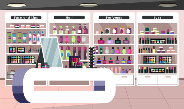 Empty cosmetics store flat vector illustration