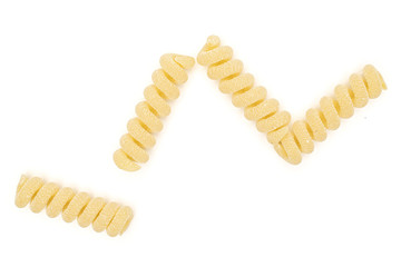 Group of four whole fresh raw pasta fusilli bucati flatlay isolated on white background