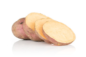 Group of one half two slices of fresh brown sweet potato isolated on white background