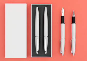 3d illustration render of a writing set. Ball pen and ink pen in a box on a color background.