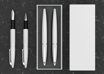 3d illustration render of a writing set. Ball pen and ink pen in a box on a black marble background.