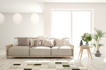 Stylish room in white color with sofa. Scandinavian interior design. 3D illustration