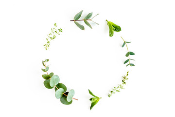 Round wreath frame made of mix of herbs, green branches, leaves mint, eucalyptus, thyme and plants collection on white background. Set of medicinal herbs. Flat lay. Top view.