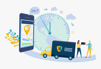 Service delivery of goods. Vector illustration, flat style, online shopping, business concept, online store, buying and selling, delivery of goods.