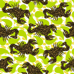 Seamless pattern with scorpions, made in the ethnic style. Tattoo, astrology, alchemy, boho and magic symbol. Original design in doodle style.