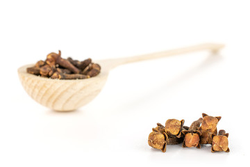 Lot of whole dry brown clove in a wooden spoon isolated on white background