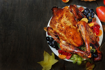 Thanksgiving background. turkey on a dark background. view from above. copy space. Flatlay. top view