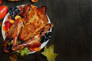 Thanksgiving background. turkey on a dark background. view from above. copy space. Flatlay. top view