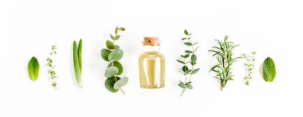 Deurstickers Essential oil and green branches, leaves eucalyptus on white background. Medicinal herbs. Flat lay. Top view. © K.Decor